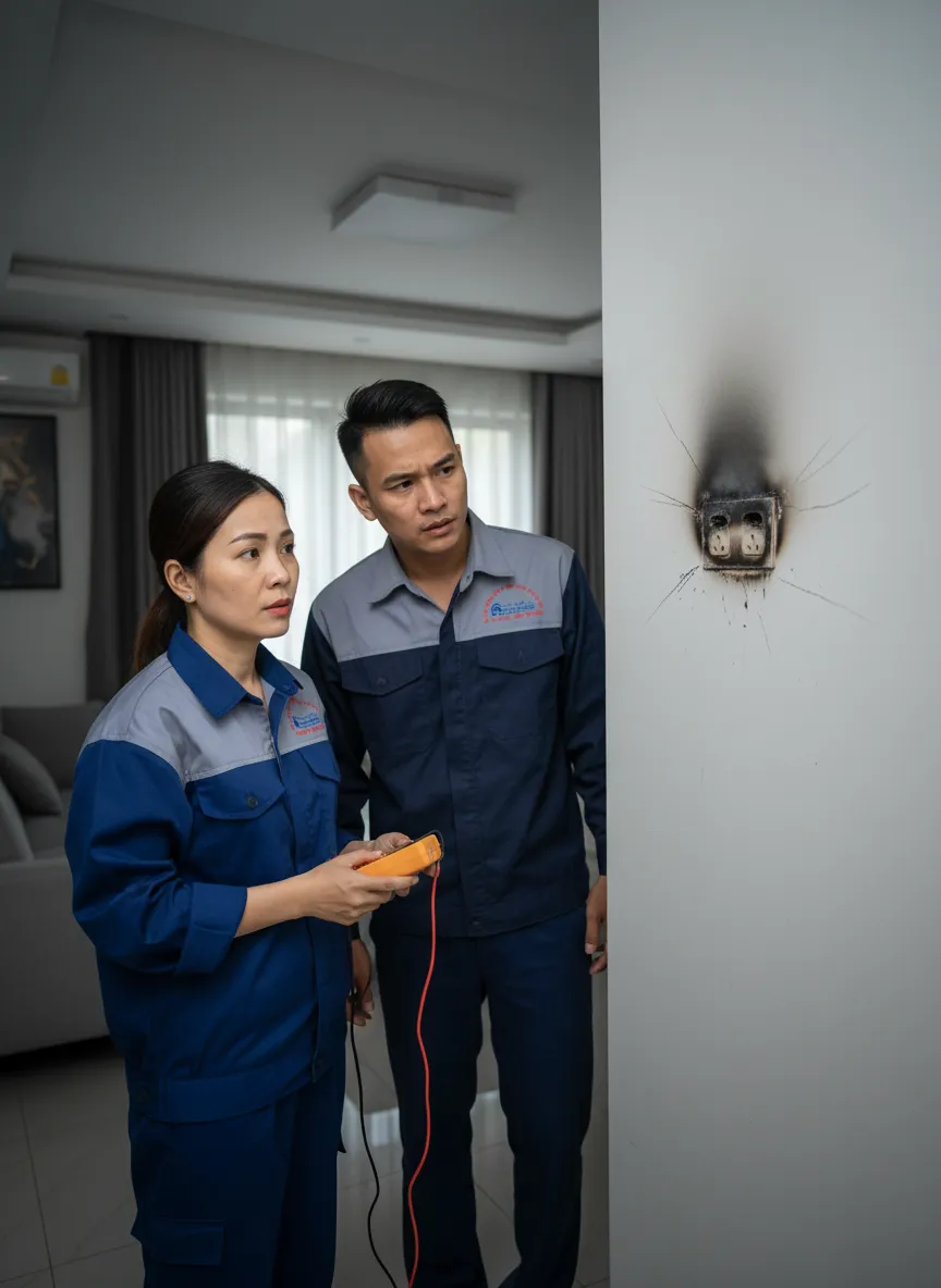 Ảnh chủ nhà lo lắng bên ổ điện âm tường bị cháy, dịch vụ từ Phương Vy Thành Công.