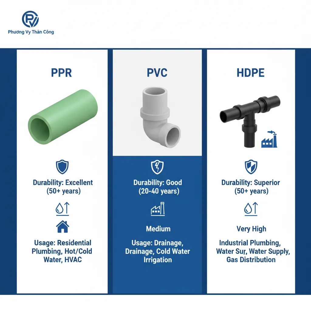 Bảng so sánh độ bền và ứng dụng ống PPR PVC HDPE Phương Vy Thành Công