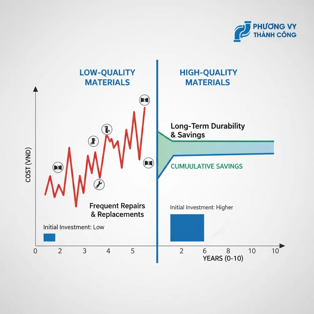 Biểu đồ so sánh lợi ích kinh tế khi sử dụng vật tư ngành nước Phương Vy Thành Công trong 10 năm