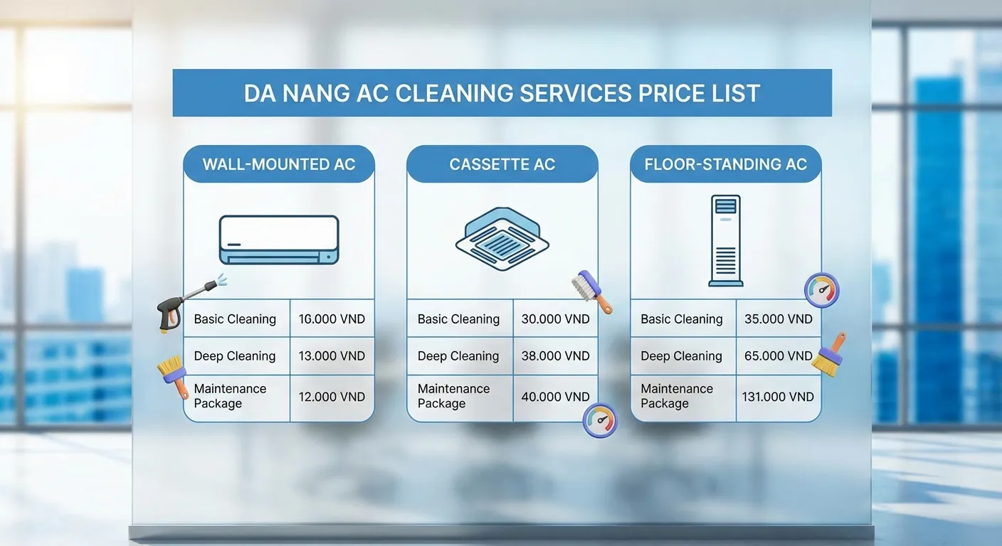 Bảng giá chi tiết dịch vụ vệ sinh điều hòa treo tường, âm trần và tủ đứng tại Đà Nẵng