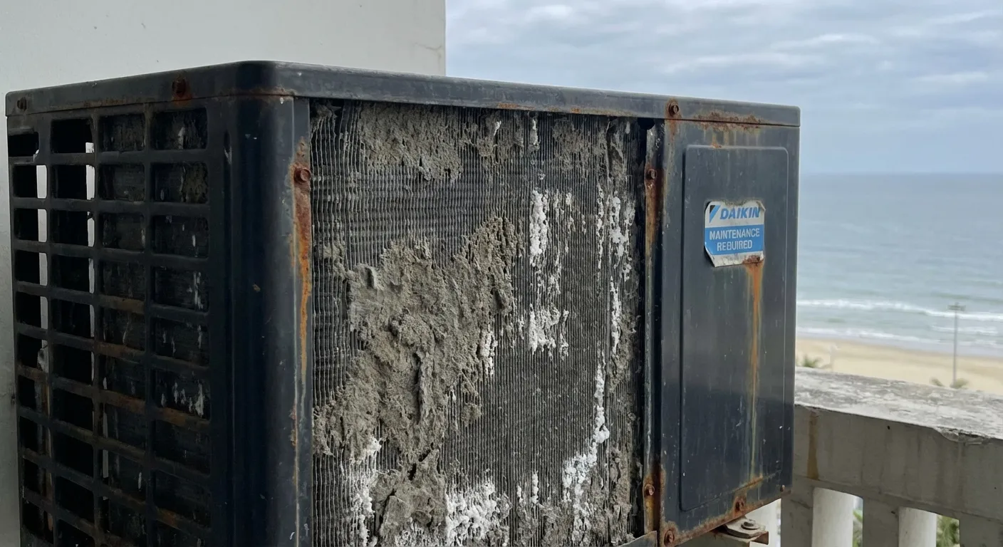 Dàn nóng điều hòa tại Đà Nẵng bám đầy bụi bẩn và hơi muối biển cần vệ sinh