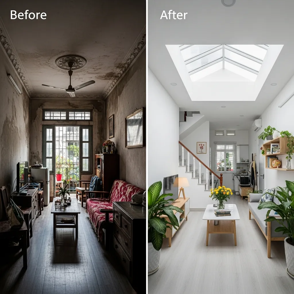 Hình ảnh so sánh trước và sau khi cải tạo nhà phố thiếu sáng hiện đại tại Đà Nẵng