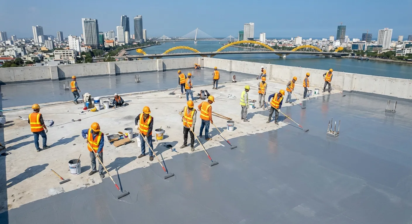 Hình ảnh thi công chống thấm sàn mái sân thượng chuyên nghiệp tại quận Hải Châu Đà Nẵng