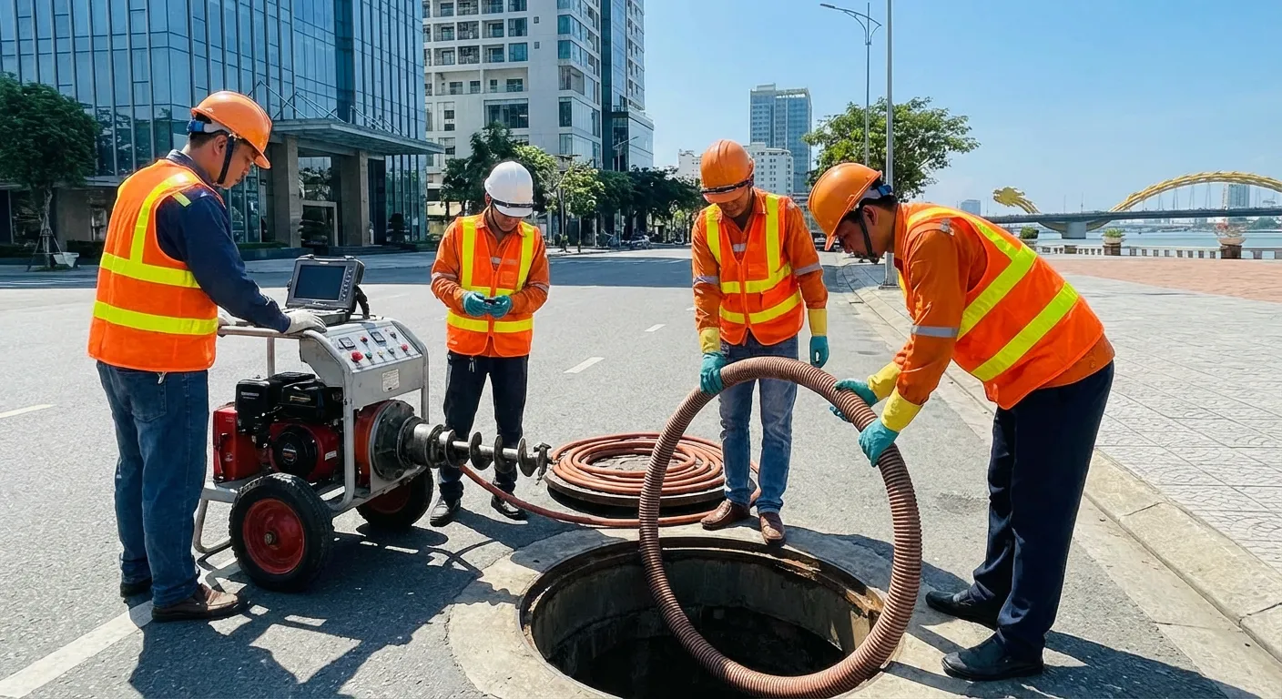 Đội ngũ kỹ thuật viên chuyên nghiệp đang triển khai máy thông cống nghẹt hiện đại tại trung tâm Đà Nẵng.
