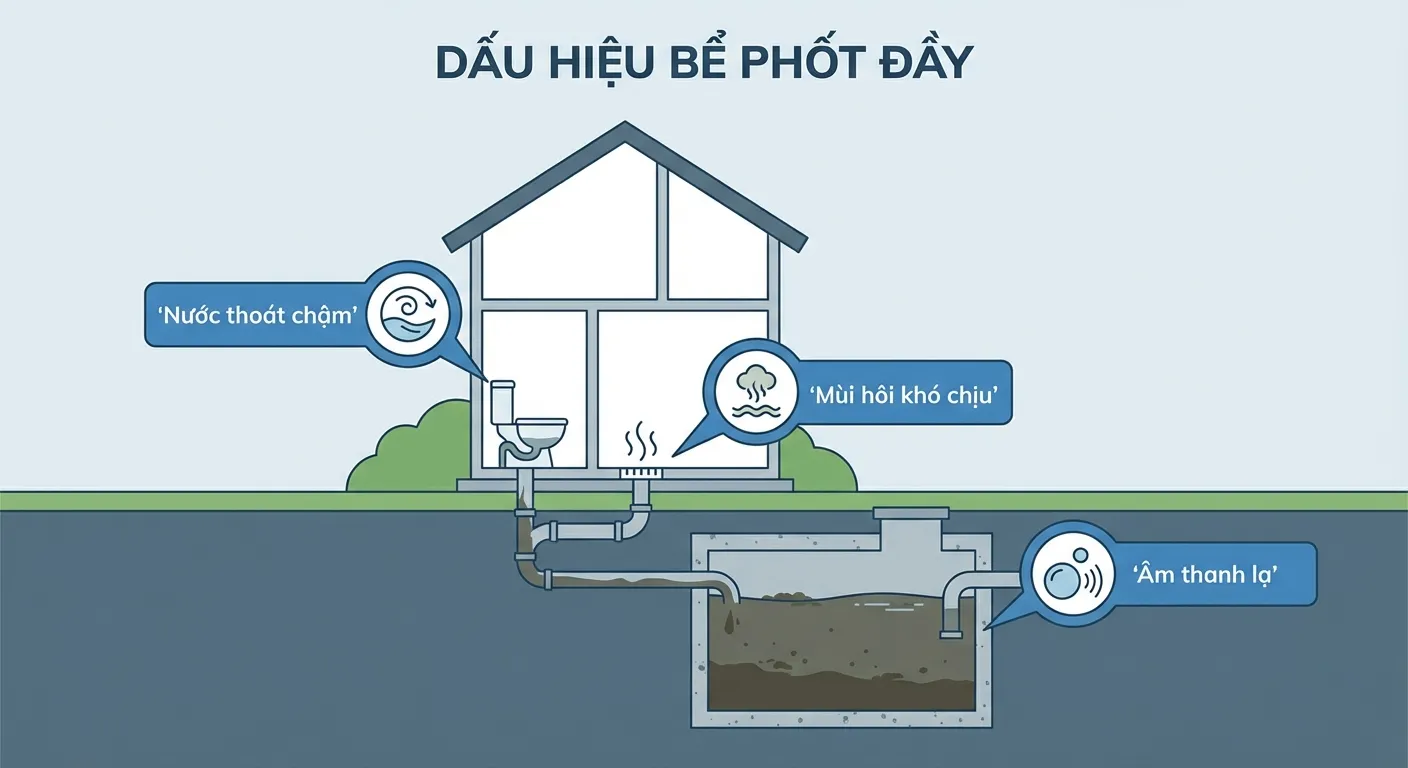 Infographic mô tả các dấu hiệu hầm cầu đầy như nước thoát chậm, mùi hôi và âm thanh lạ