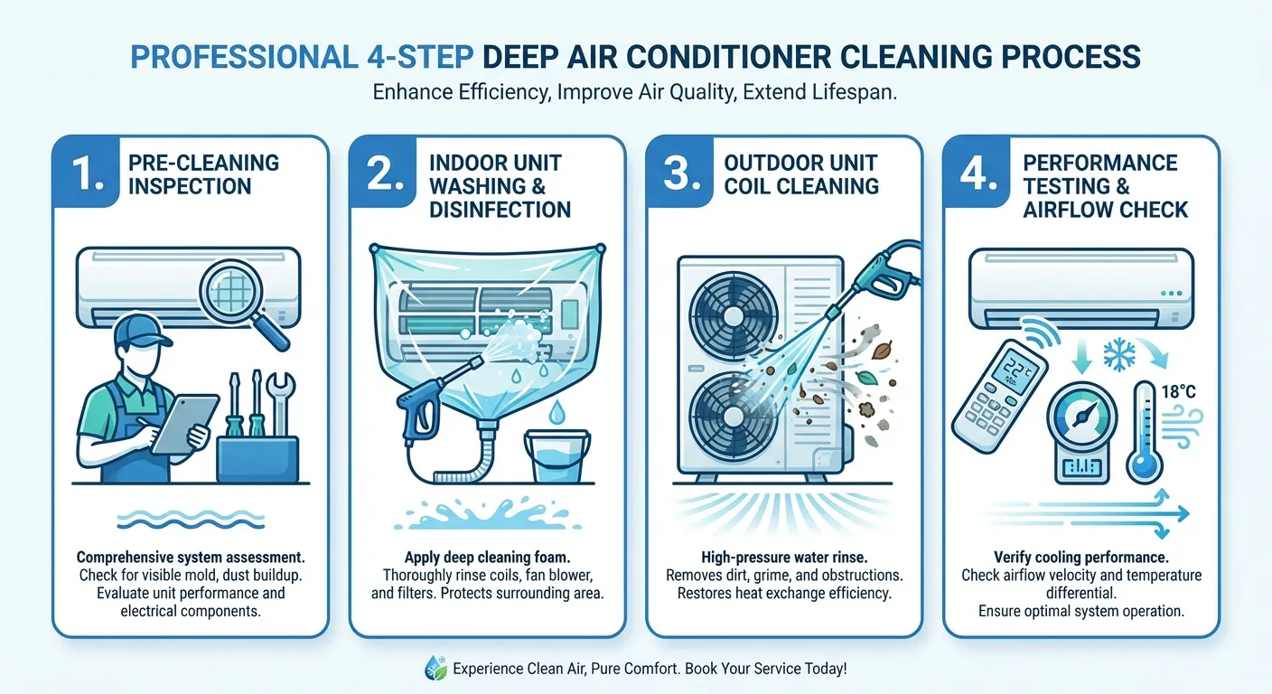 Infographic minh họa quy trình 4 bước vệ sinh điều hòa chuyên sâu đúng kỹ thuật và chuyên nghiệp