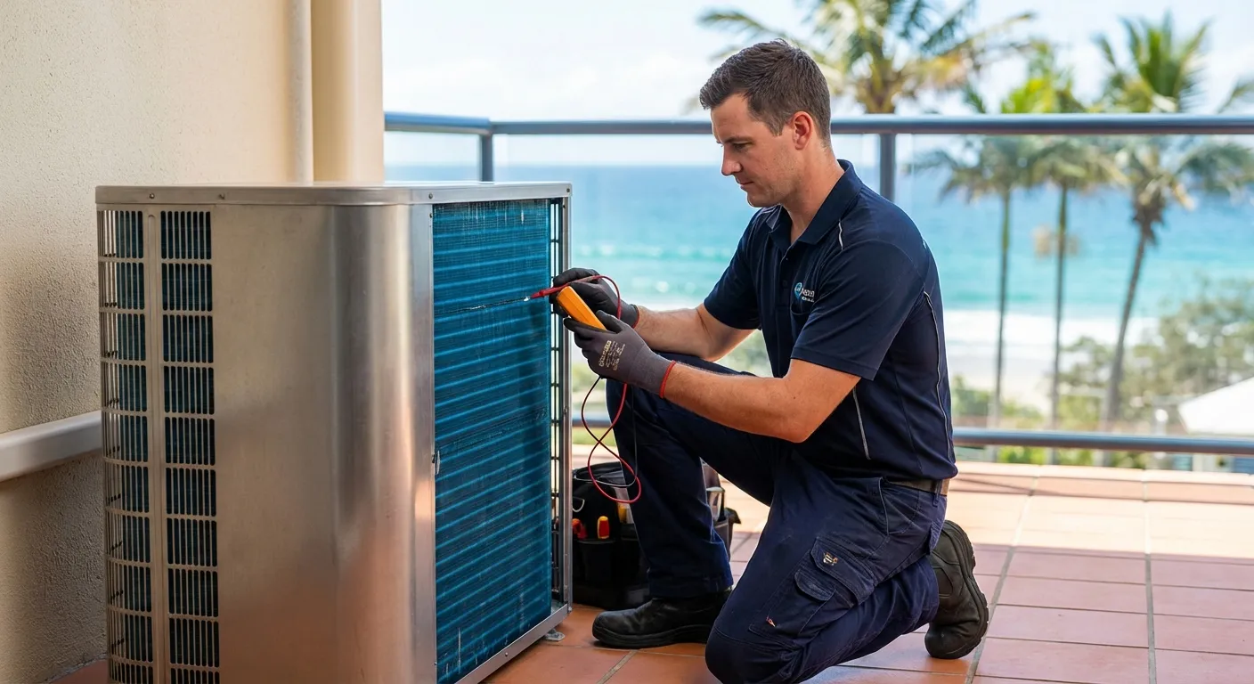 Kỹ thuật viên bảo dưỡng dàn tản nhiệt chống ăn mòn máy lạnh tại khu vực ven biển chuyên nghiệp