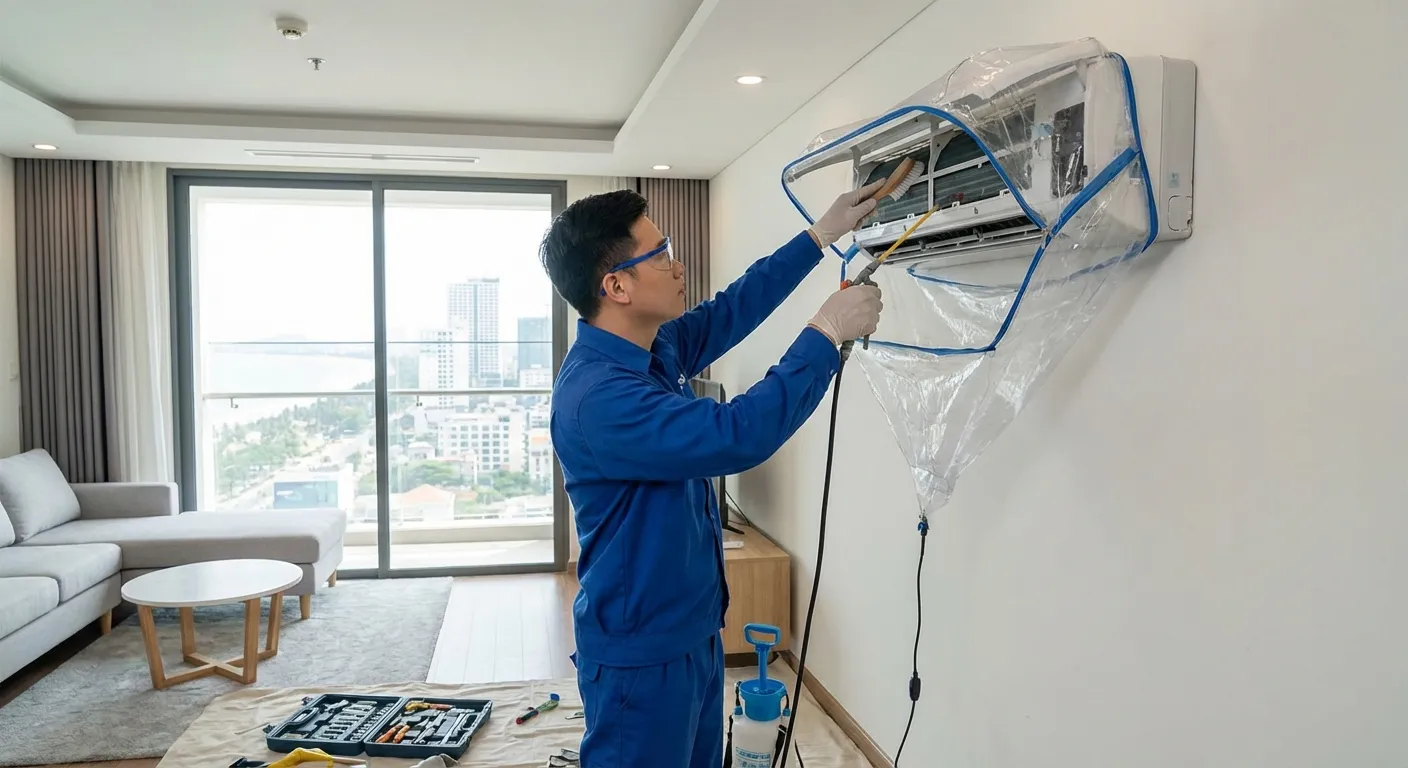 Kỹ thuật viên chuyên nghiệp đang thực hiện quy trình bảo dưỡng điều hòa tại nhà ở Đà Nẵng