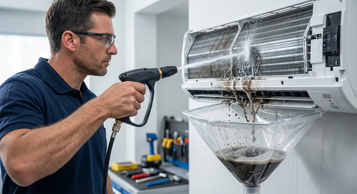 Kỹ thuật viên chuyên nghiệp sử dụng máy bơm áp lực vệ sinh sạch bụi bẩn trên dàn lạnh điều hòa