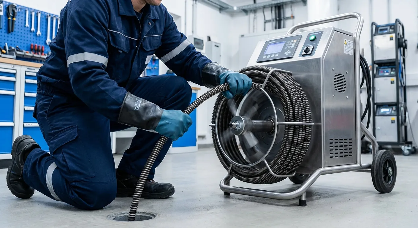 Kỹ thuật viên chuyên nghiệp sử dụng máy lò xo công nghiệp hiện đại để thông cống nghẹt hiệu quả
