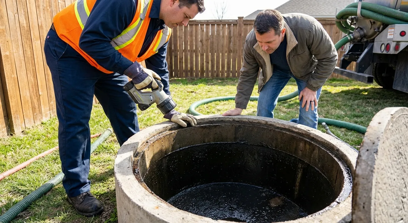 Kỹ thuật viên dùng đèn chuyên dụng hướng dẫn khách hàng kiểm tra hầm cầu sau khi hút sạch
