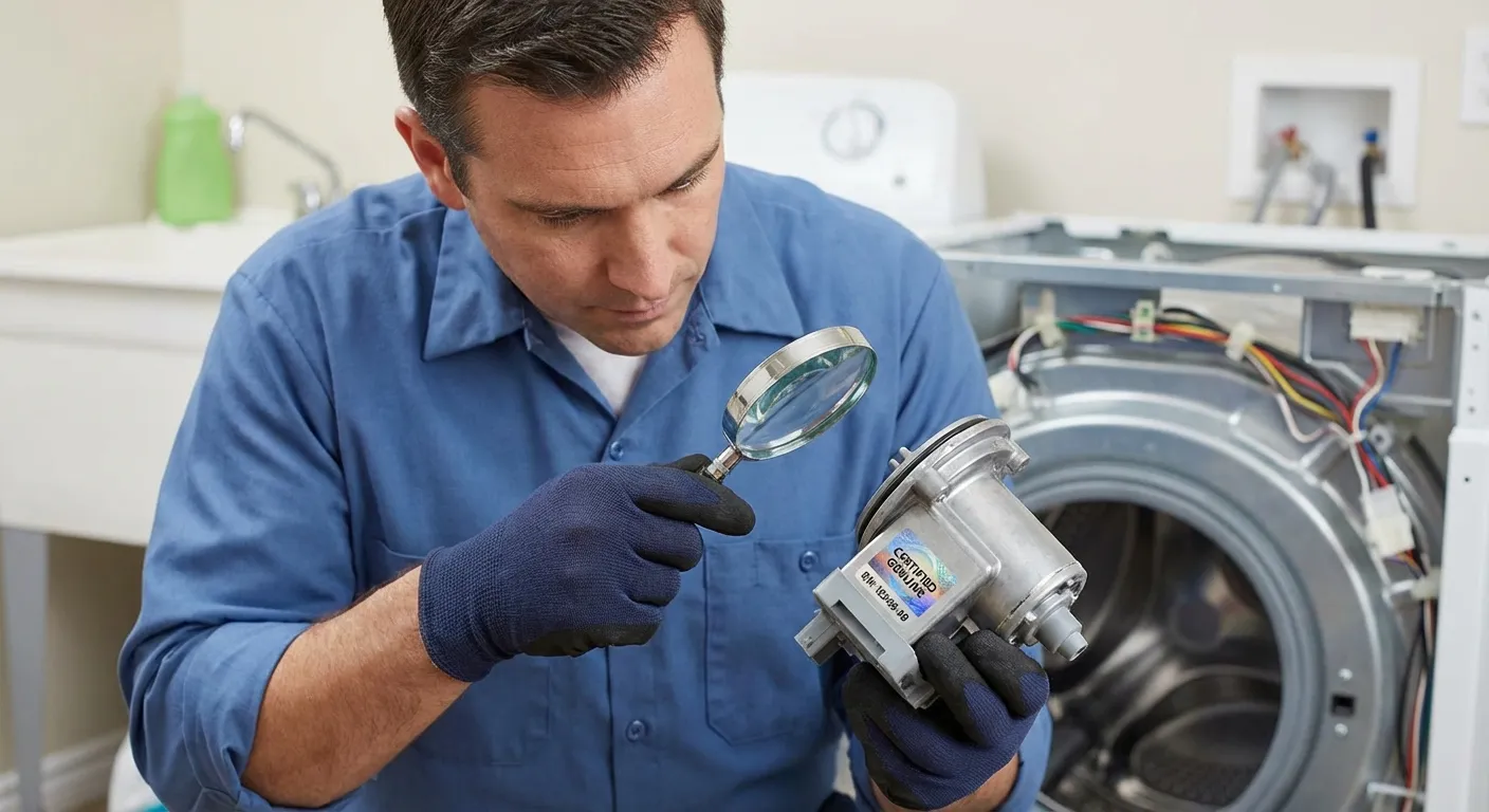 Kỹ thuật viên kiểm tra tem nhãn và linh kiện máy giặt chính hãng trước khi thay thế