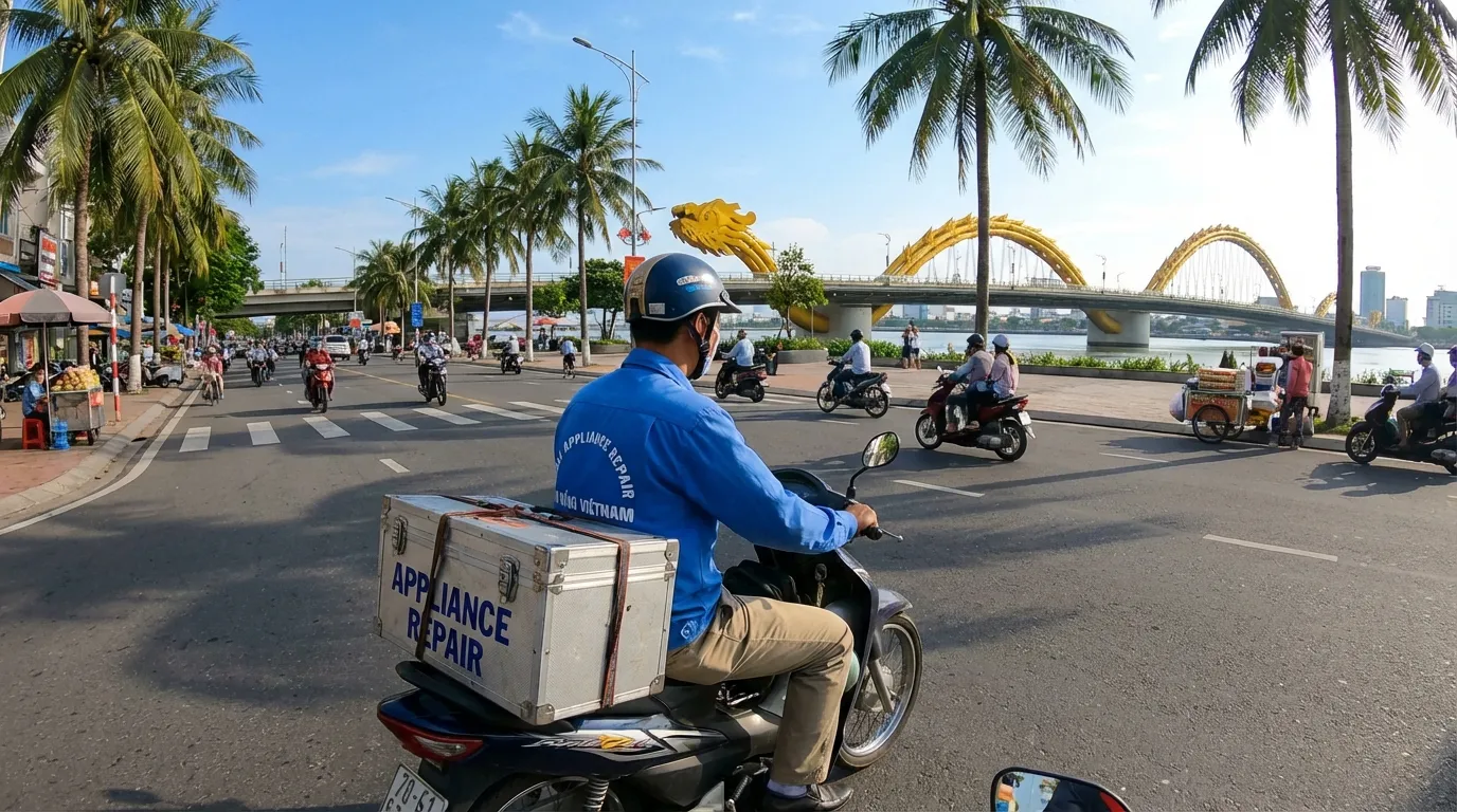 Kỹ thuật viên sửa máy giặt đang di chuyển trên đường phố Đà Nẵng đến nhà khách hàng