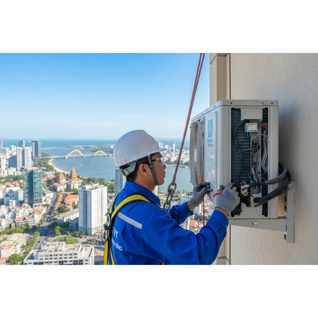 Kỹ thuật viên Phương Vy Thành Công đang thực hiện sửa chữa điều hòa chuyên nghiệp trên cao tại Đà Nẵng