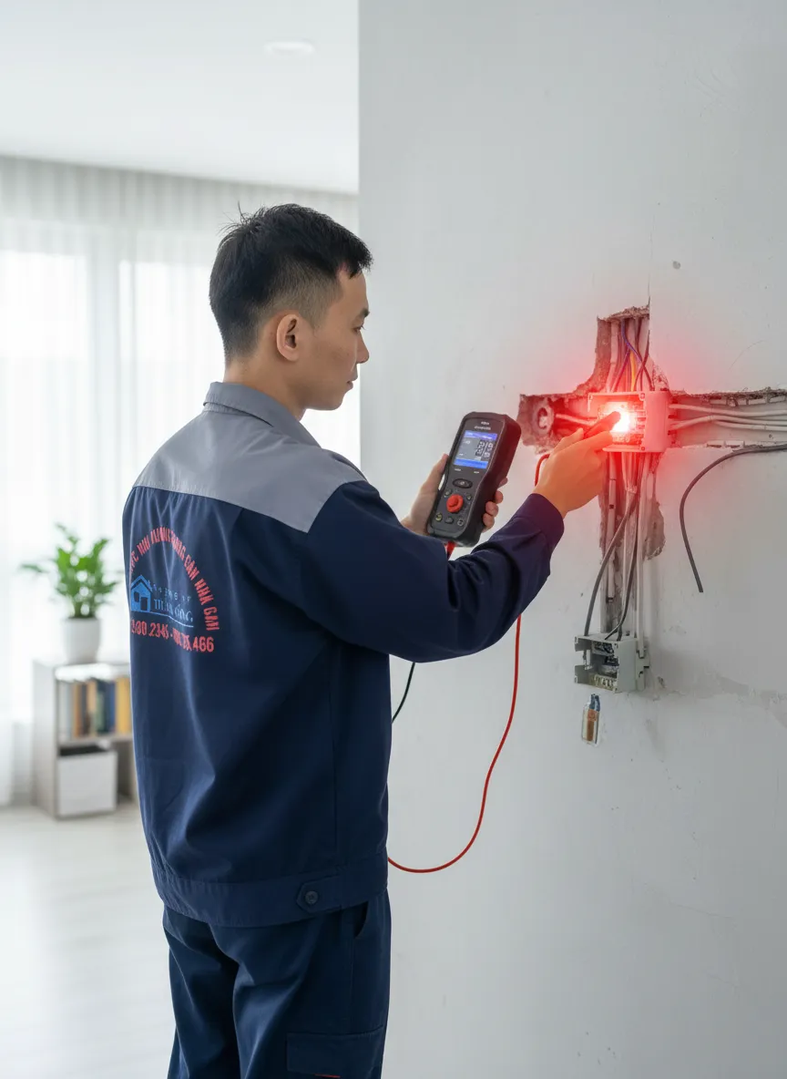 Kỹ thuật viên Phương Vy Thành Công sử dụng máy dò mạch kỹ thuật số định vị chập điện âm tường