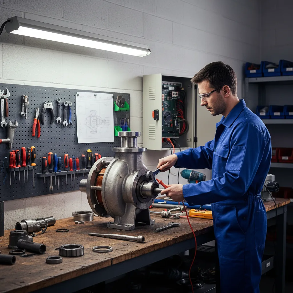Nhân viên kỹ thuật chuyên nghiệp đang kiểm tra và sửa chữa các sự cố máy bơm nước tại xưởng