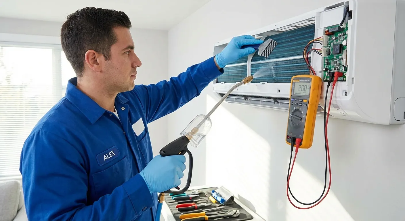 Nhân viên kỹ thuật đang thực hiện vệ sinh dàn lạnh và kiểm tra thông số kỹ thuật máy lạnh chuyên nghiệp.