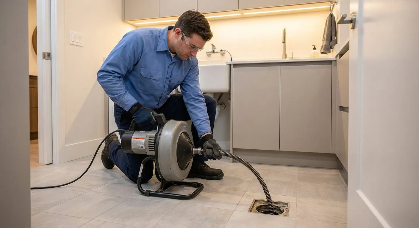 Nhân viên kỹ thuật chuyên nghiệp sử dụng máy lò xo hiện đại thông cống nghẹt tại quận Hải Châu, Đà Nẵng