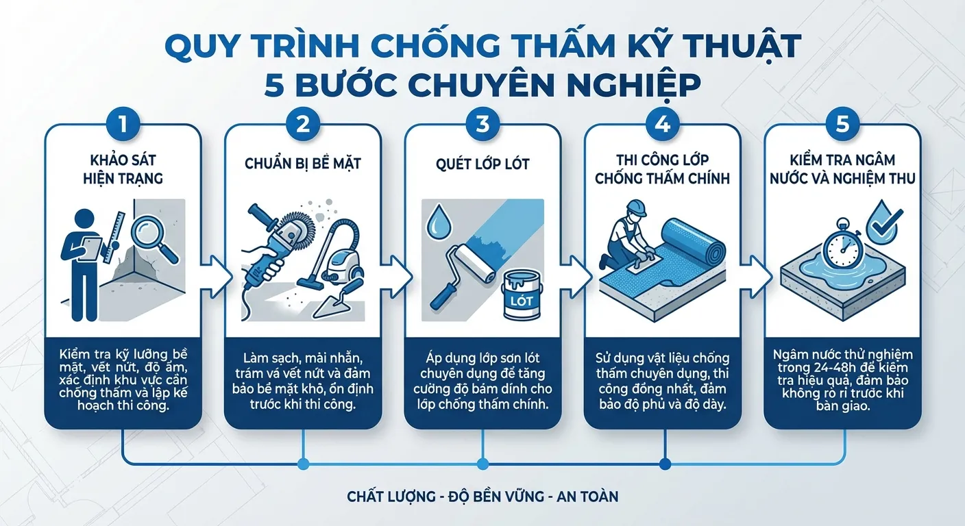 Quy trình 5 bước thi công chống thấm chuẩn kỹ thuật từ khảo sát đến nghiệm thu thử nước