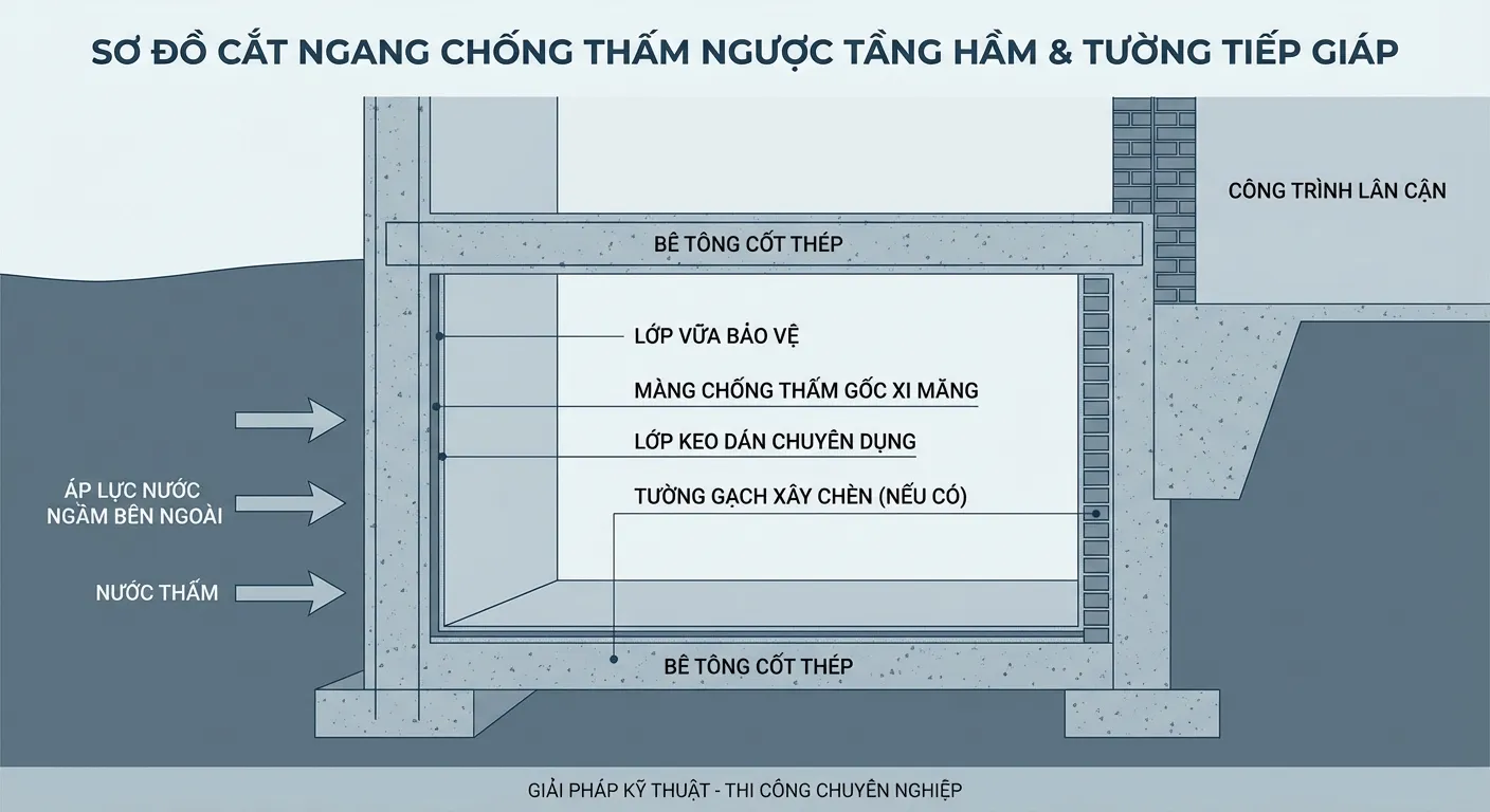 Quy trình kỹ thuật chống thấm ngược cho tầng hầm và tường nhà sát vách