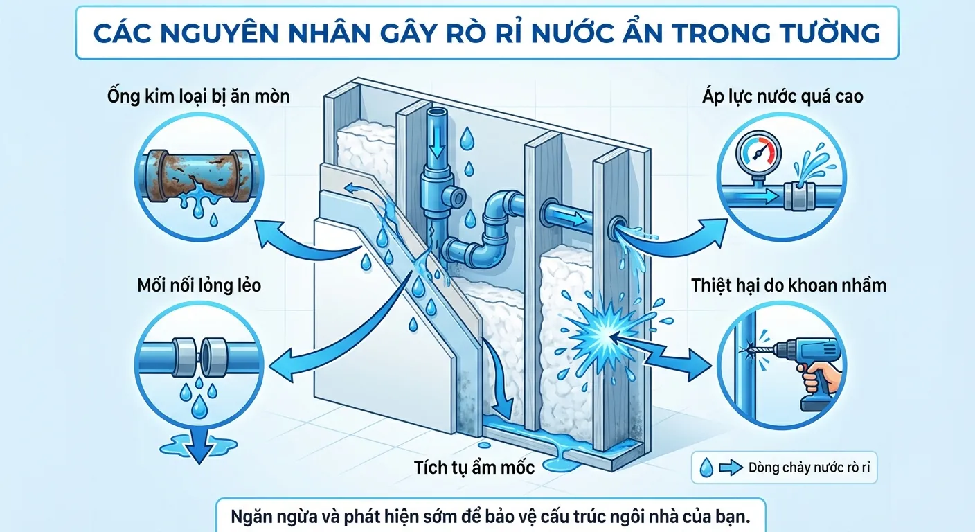 Sơ đồ các nguyên nhân phổ biến gây rò rỉ nước âm tường và giải pháp sửa chữa hiệu quả.