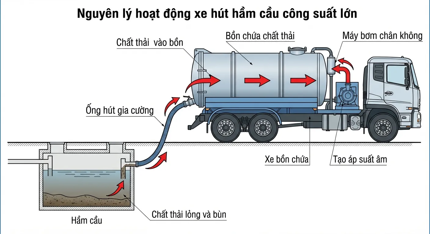 Sơ đồ nguyên lý hoạt động của máy hút chân không công suất lớn trong quy trình hút hầm cầu