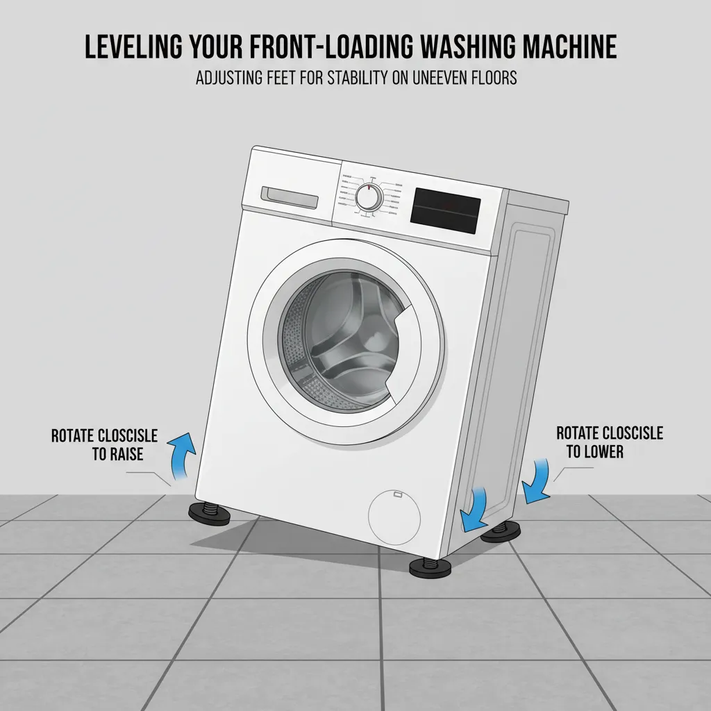 Sơ đồ hướng dẫn điều chỉnh chân đế máy giặt cân bằng trên sàn nhà không bằng phẳng