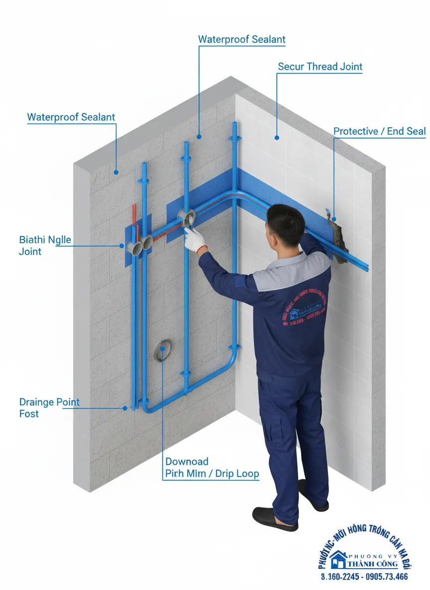 Sơ đồ kỹ thuật hướng dẫn lắp đặt ống luồn dây điện chống thấm của Phương Vy Thành Công