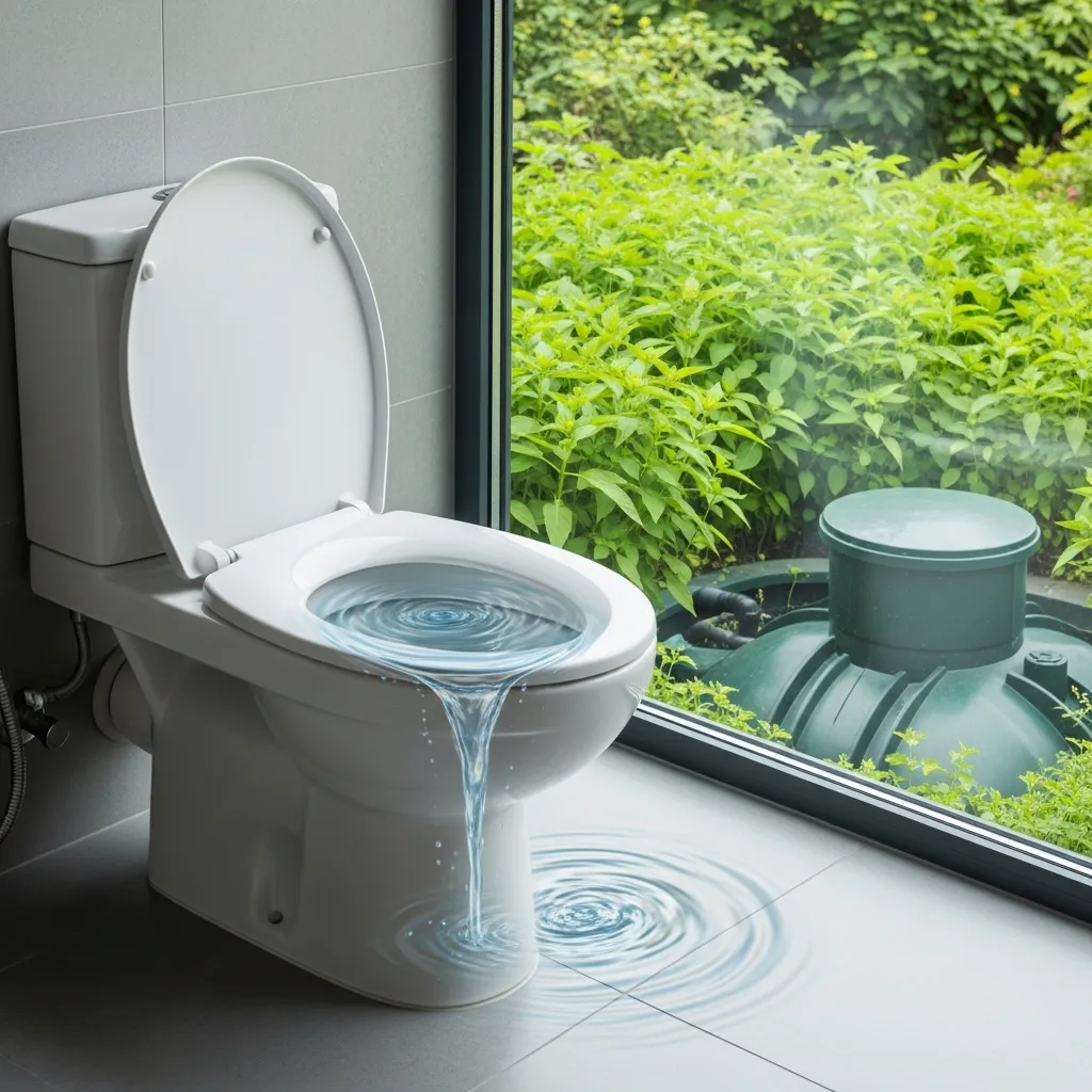 Bồn cầu thoát nước chậm và khu vực bể phốt có nhiều cây xanh tại Đà Nẵng