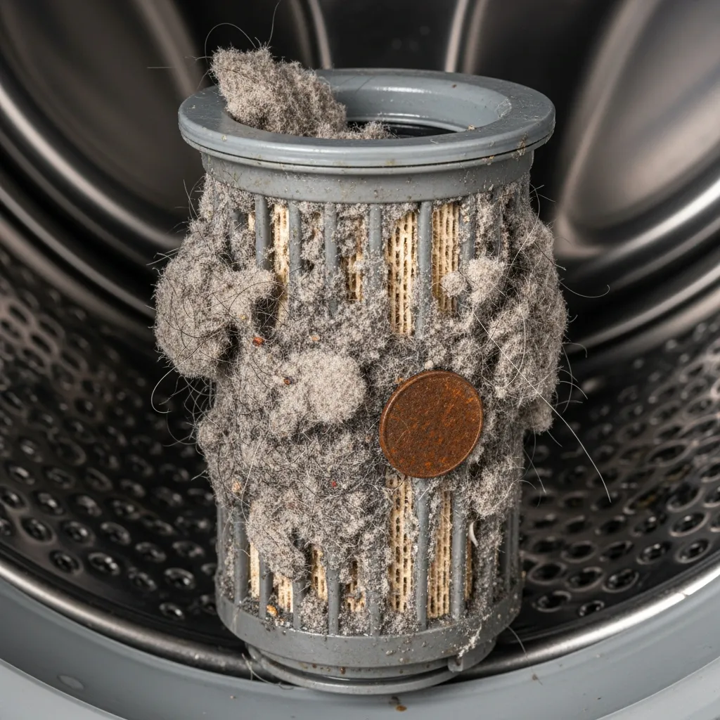 Cận cảnh bộ lọc bơm xả máy giặt bị tắc nghẽn do xơ vải và dị vật gây lỗi không vắt