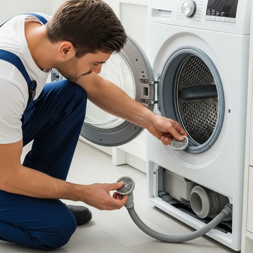 Dịch vụ sửa máy giặt không vắt tại Đà Nẵng, thợ đang vệ sinh bộ lọc và ống xả