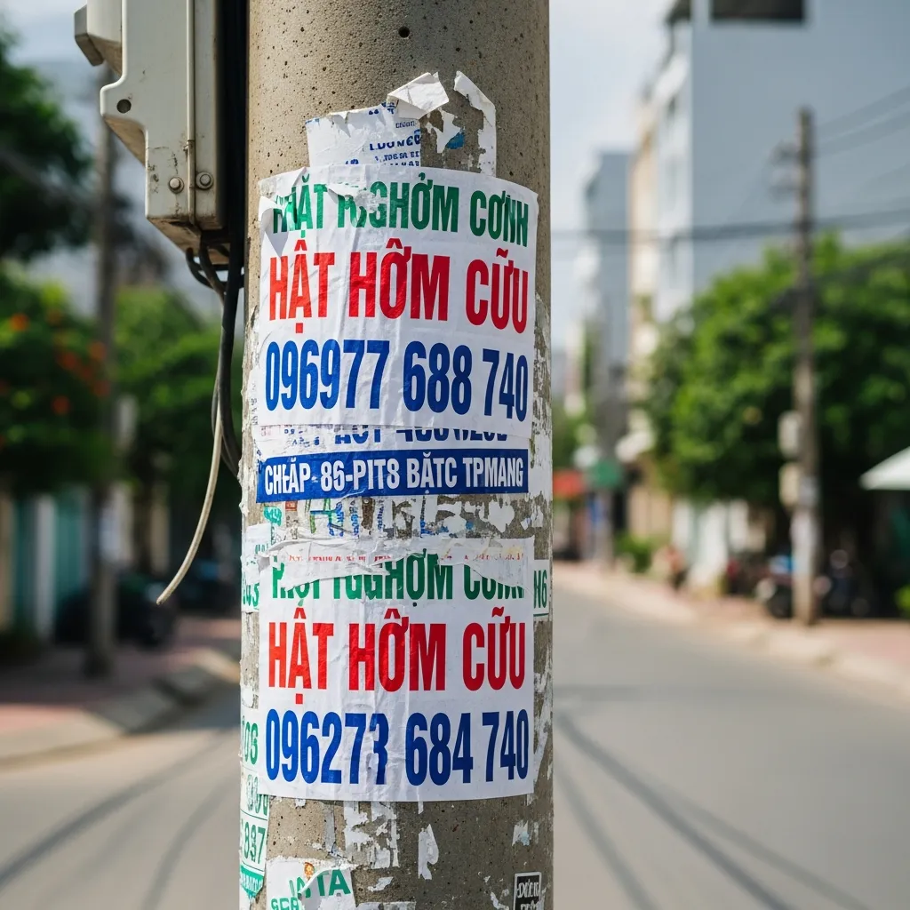 Hình ảnh thực tế các tờ rơi quảng cáo dịch vụ hút hầm cầu dán tràn lan trên cột điện tại Đà Nẵng
