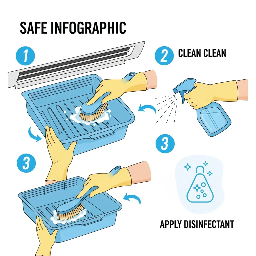Hướng dẫn các bước vệ sinh khay hứng nước điều hòa và xịt dung dịch khử khuẩn an toàn.