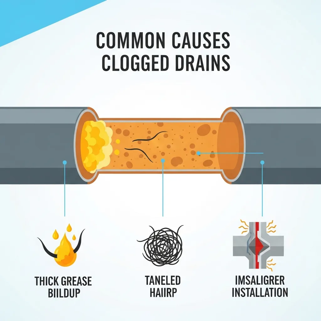 Infographic các nguyên nhân gây tắc cống phổ biến như dầu mỡ, tóc và lỗi lắp đặt đường ống.