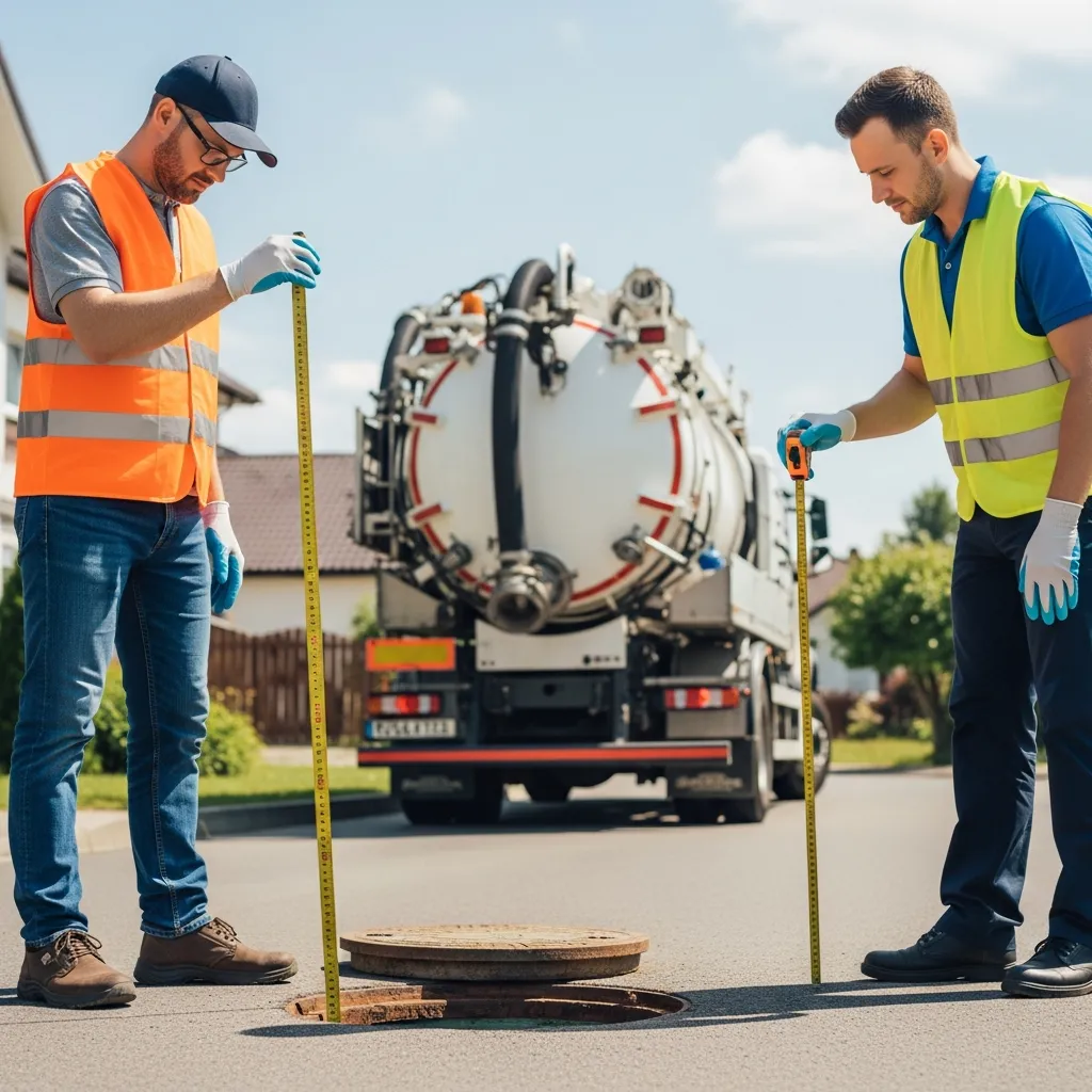 Kỹ thuật viên đang khảo sát và đo đạc khoảng cách lắp đặt ống hút hầm cầu chuyên nghiệp