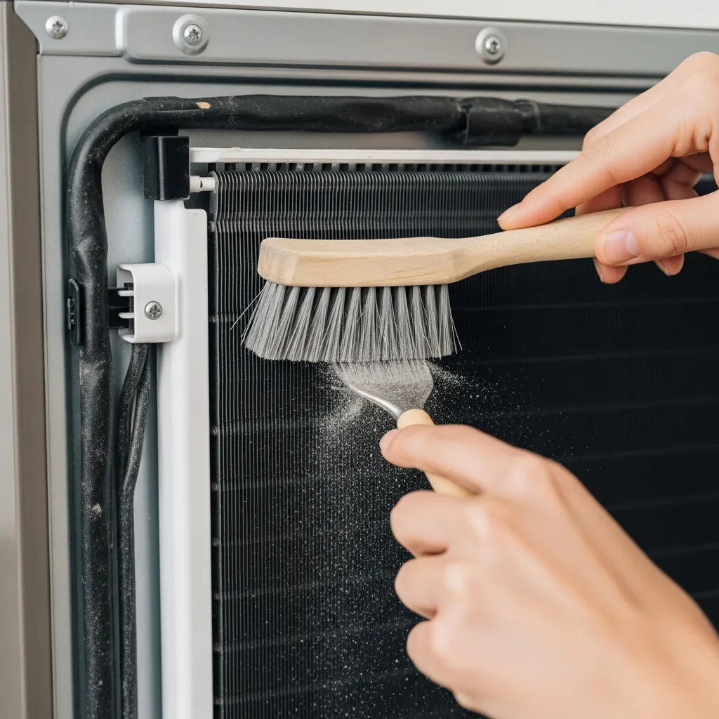 Người dùng đang dùng bàn chải mềm vệ sinh bụi bẩn bám trên cuộn dây ngưng tụ tủ lạnh