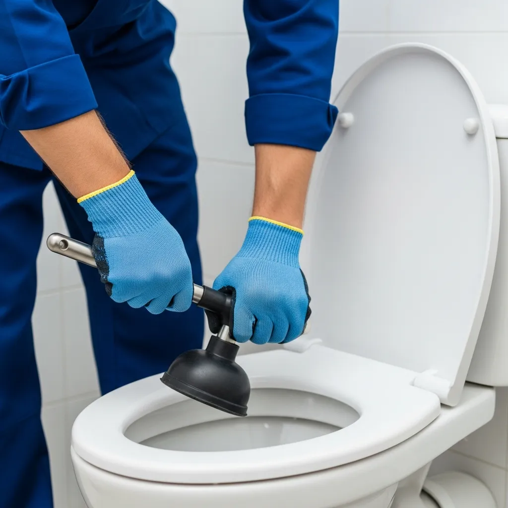 Nhân viên chuyên nghiệp dùng cây thụt thông tắc bồn cầu xử lý dấu hiệu hầm cầu bị đầy