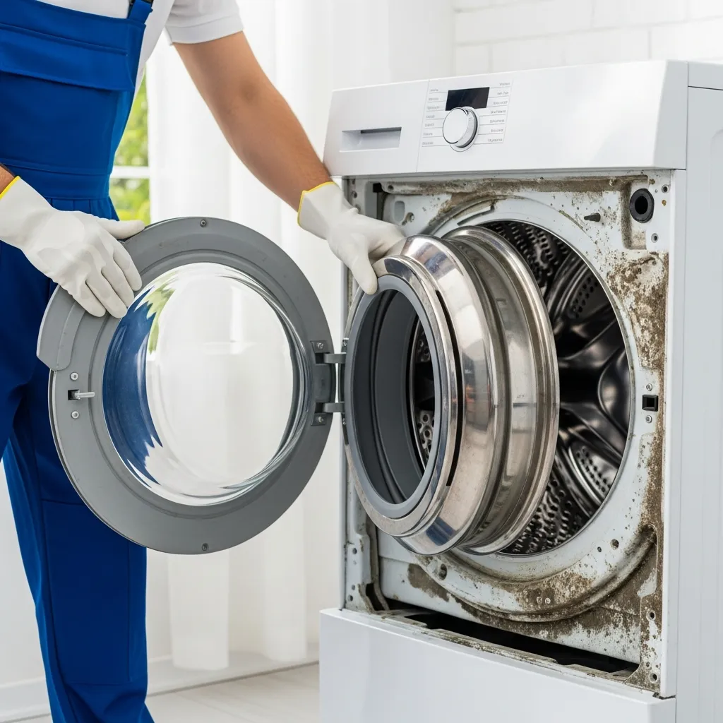 Nhân viên vệ sinh máy giặt tại Đà Nẵng đang tháo lồng giặt bám đầy vết bẩn lâu ngày