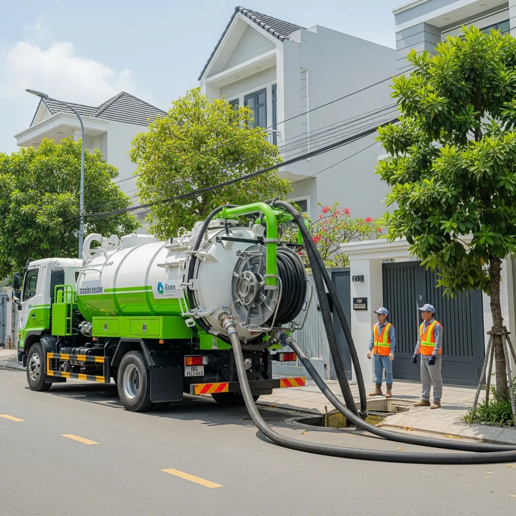 Quy trình hút hầm cầu Đà Nẵng chuyên nghiệp với xe bồn hiện đại và vòi hút dài