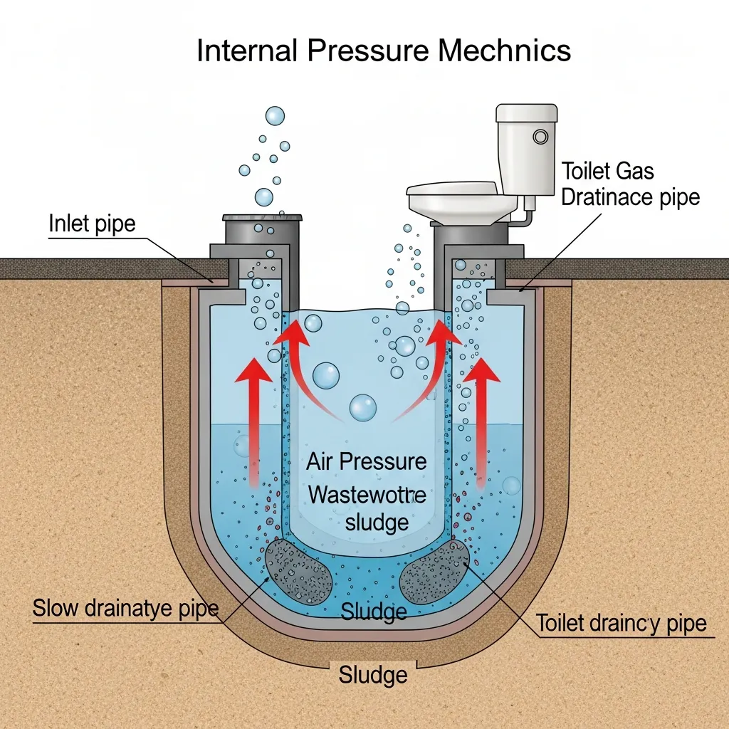 Sơ đồ hầm cầu đầy khiến áp suất khí đẩy ngược chất thải và khí hôi qua bồn cầu