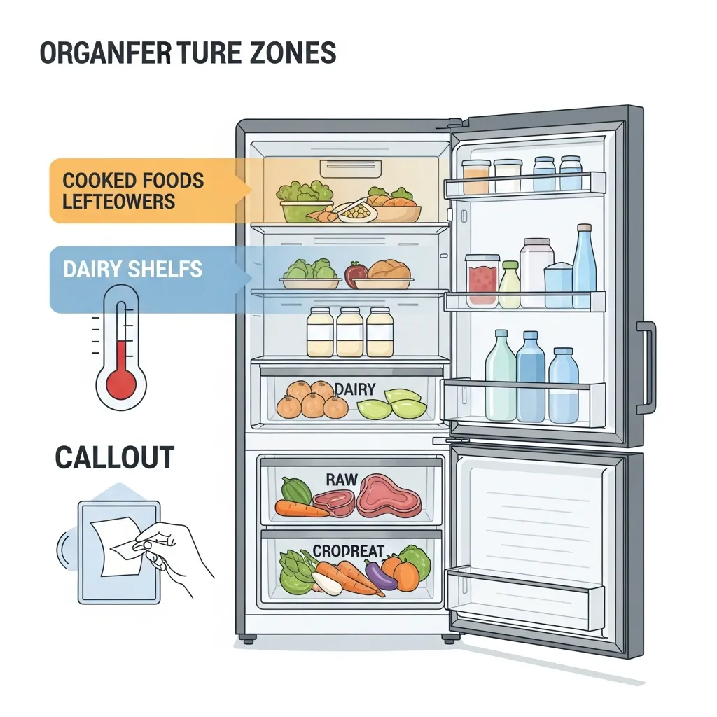 Sơ đồ hướng dẫn sắp xếp thực phẩm theo nhiệt độ và cách kiểm tra gioăng cửa tủ lạnh